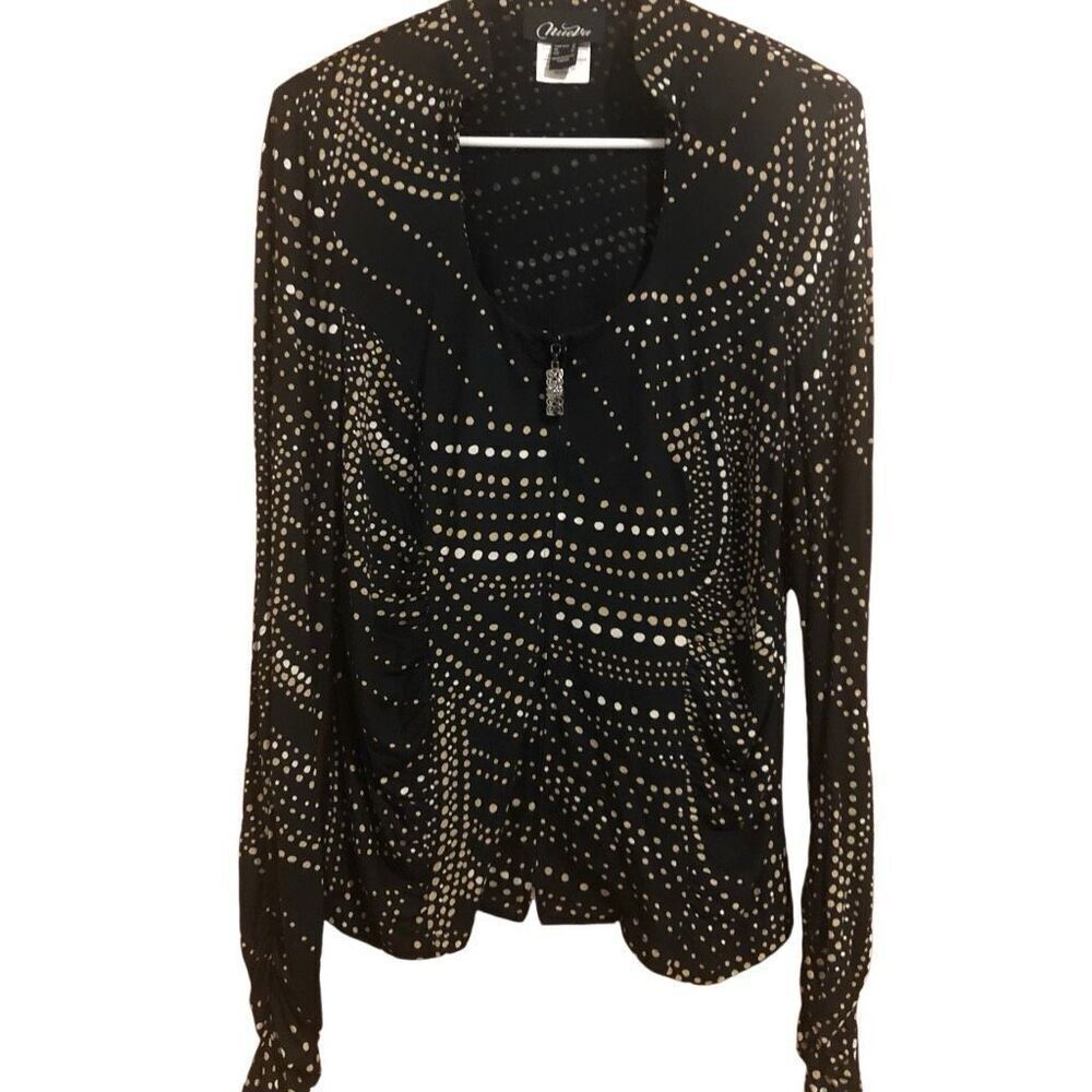 NueVa Women’s Size 12 Zip Up Long Sleeve Black Dotted Print Tunic Top VTG